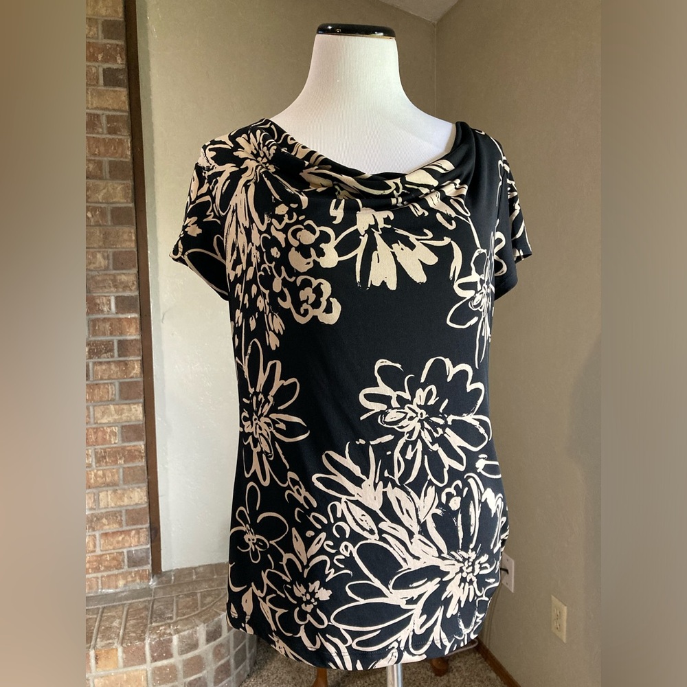 Van Heusen Black and Tan Colored Cowl Neck Blouse Size Large